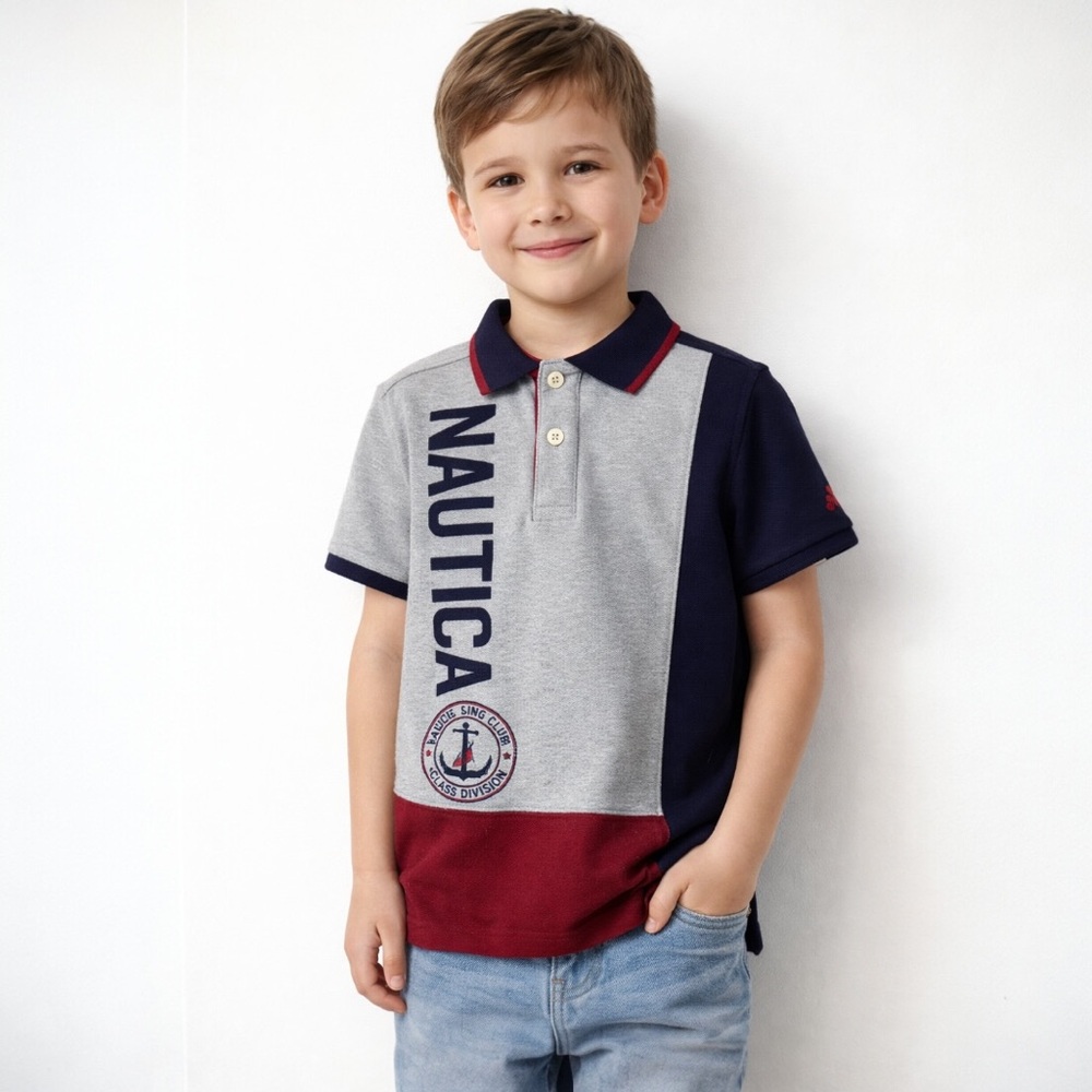 Nautica Boys Polo Shirt Size 8 Burgundy Navy Gray Colorblock Logo Cotton